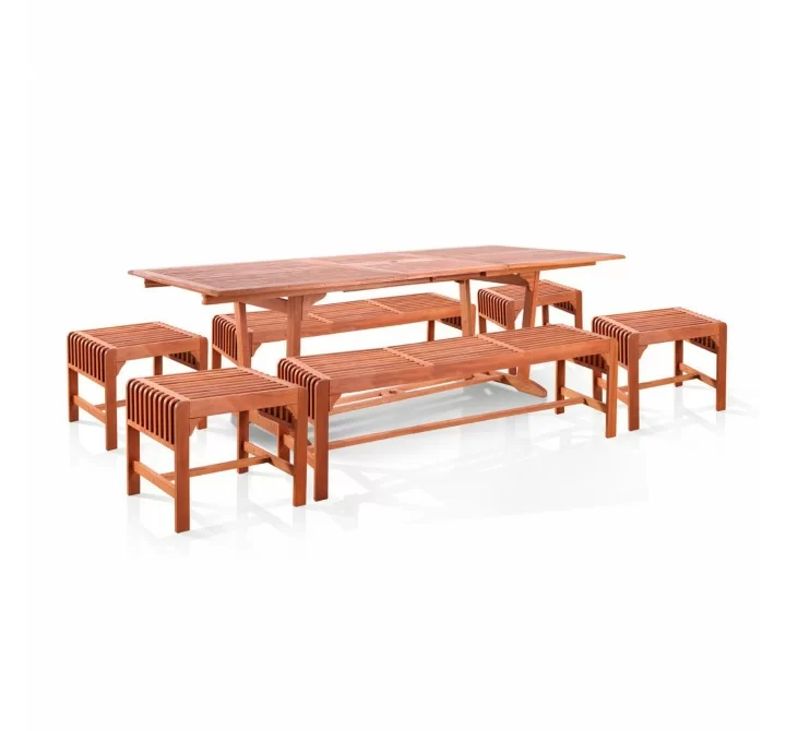 Malibu Outdoor 7-piece Wood Patio Dining Set with Extension Table With Backless Benches & Chairs - White BG