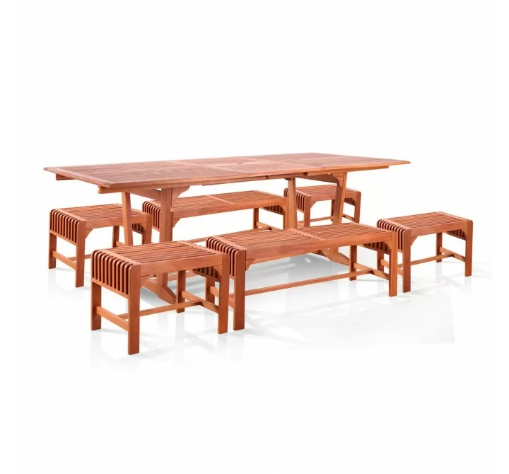 Vifah Malibu Outdoor 7-piece Wood Patio Dining Set with Extension Table - Backless benches & Chairs - White BG