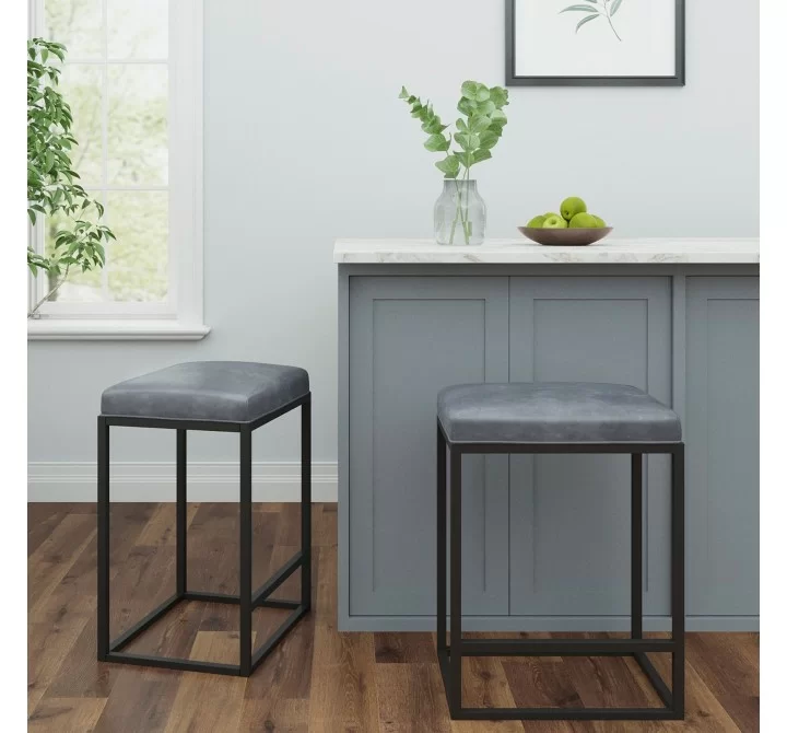 Vifah Riley Indoor Gray Metal Faux Leather Bar Stools (Set of 2)