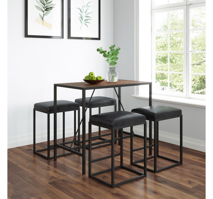  Vifah Riley Mid-Century 5-Piece Indoor Walnut Metal Bar Set with Black Seats - Angled