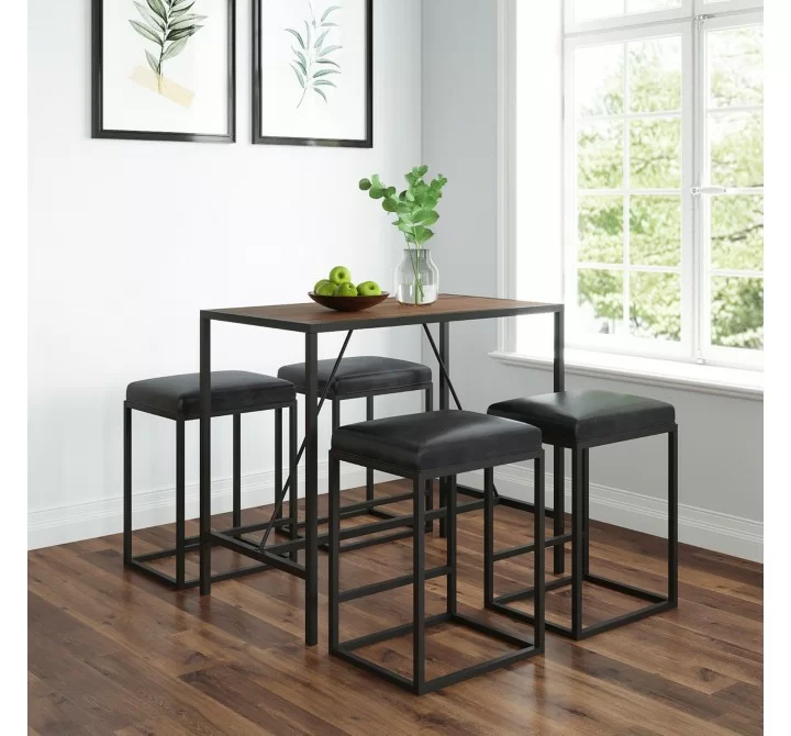  Vifah Riley Mid-Century 5-Piece Indoor Walnut Metal Bar Set with Black Seats - Angled