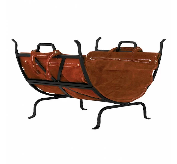 Mr. Bar-B-Q UniFlame® Black Wrought Iron Log Holder with Leather Carrier