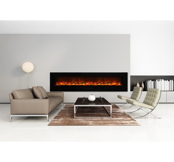 Amantii 88" Flush Mount Fireplace with Black Glass Surround And Log Set