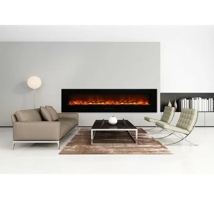 Amantii 88" Flush Mount Fireplace with Black Glass Surround And Log Set