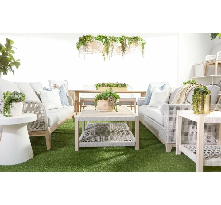 Essentials For Living Wrap Outdoor Coffee Table - Taupe & White Flat Rope, Gray Teak - Lifestyle