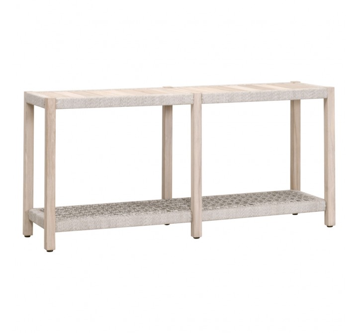 Essentials For Living Wrap Outdoor Console Table - Taupe & White Flat Rope, Gray Teak - Front Side Angle