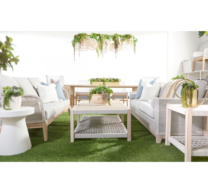 Essentials For Living Wrap Outdoor End Table - Taupe & White Flat Rope, Gray Teak - Lifestyle