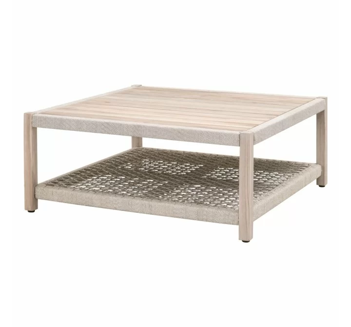 Essentials For Living Wrap Outdoor Square Coffee Table - Taupe & White Flat Rope, Gray Teak- Front Side Angle