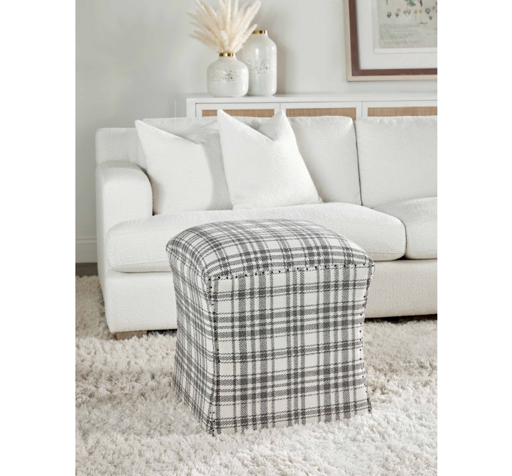 Essentials For Living York Ottoman in Performance Tartan Charcoal - Lifestyle