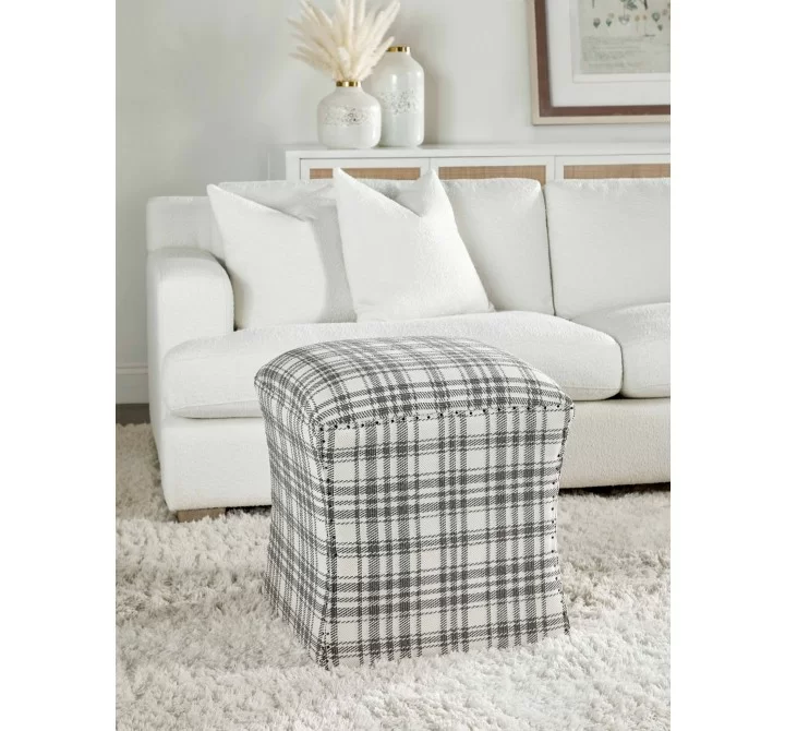 Essentials For Living York Ottoman in Performance Tartan Charcoal - Lifestyle