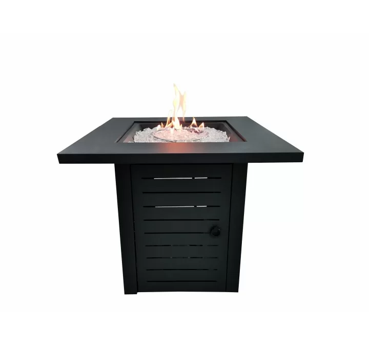Crawford and Burke Ansley Black Metal Square Fire Pit with Glass Rocks, Frontview