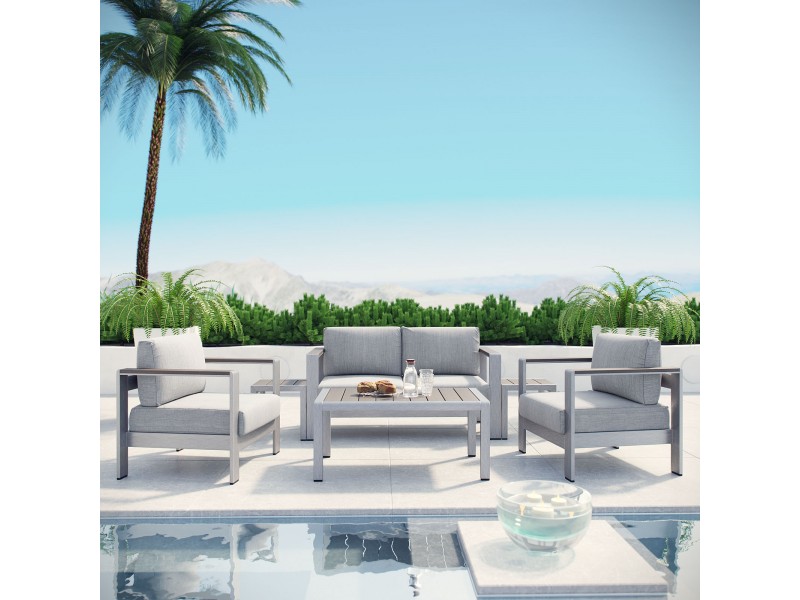 Modway Shore 6 Piece Outdoor Patio Aluminum Sectional Sofa Set - Silver Gray - Lifestyle