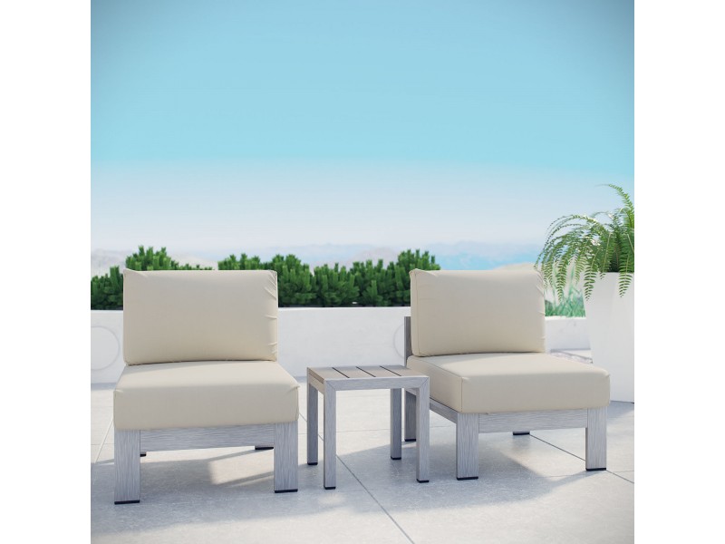Modway Shore 3 Piece Outdoor Patio Aluminum Sectional Sofa Set - Silver Beige - Lifestyle