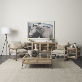 Mercan Arelius Light Brown Wood Black Metal Base w/ 4 Glass Cabinet Doors Sideboard Room View