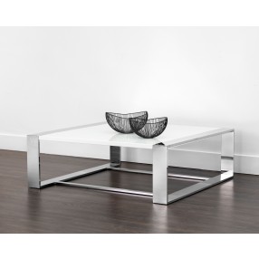 Sunpan Dalton Coffee Table - Square in High Gloss White and Stainless Steel Frame - Lifestyle