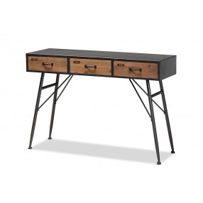 Ariana Modern and Contemporary Industrial Black and Oak Brown Finished Wood 3-Drawer Metal Console Table - Angled
