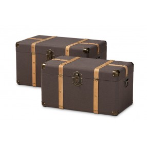 Stephen Modern and Contemporary Transitional Dark Brown Fabric Upholstered and Oak Brown Finished 2-Piece Storage Trunk Set 