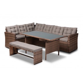 Angela Modern and Contemporary Grey Fabric Upholstered and Brown Finished 4-Piece Woven Rattan Outdoor Patio Set