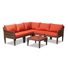 Breida Modern and Contemporary Orange Fabric Upholstered and Brown Finished 6-Piece Woven Rattan Outdoor Patio Set
