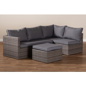 Pamela Modern and Contemporary Grey Polyester Upholstered and Brown Finished 4-Piece Woven Rattan Outdoor Patio Set 
