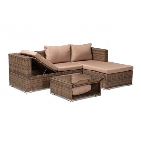 Addison Modern and Contemporary Light Brown Upholstered and Brown Finished 3-Piece Woven Rattan Outdoor Patio Set with Adjustable Recliner - White BG