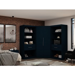Manhattan Comfort Mulberry 2.0 Semi Open 3 Sectional Modern Wardrobe Corner Closet with 4 Drawers - Set of 3 in Tatiana Midnight Blue
