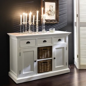 Nova Solo Halifax White Mahogany Buffet, 3 Drawers, 2 Doors and 2 Shelves w/ Rattan Baskets - Lifestyle