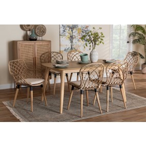 Baxton Studio Gedali Modern Bohemian Greywashed Rattan and Natural Brown Finished Wood 7-Piece Dining Set - Lifestyle