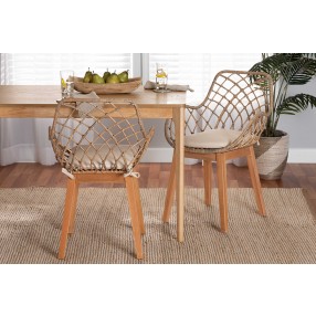Baxton Studio Ballerina Modern Bohemian Greywashed Rattan and Natural Brown Finished Wood 2-Piece Dining Chair Set - Lifestyle