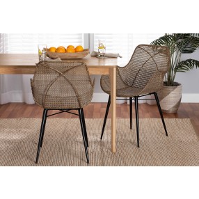 Baxton Studio Ballerina Modern Bohemian Greywashed Rattan and Black Metal 2-Piece Dining Chair Set - Lifestyle