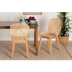Baxton Studio Sabelle Japandi Natural Brown Mahogany and Rattan 2-Piece Dining Chair Set - Lifestyle
