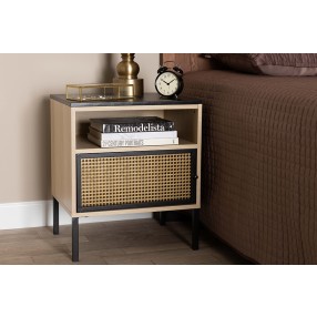 Baxton Studio Felton Mid-Century Modern Two-Tone Black and Gold Metal and Light Brown Finished Wood 1-Door End Table - Lifestyle