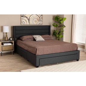 Baxton Studio Braylon Mid-Century Modern Transitional Charcoal Grey Fabric and Dark Brown Finished Wood Queen Size 3-Drawer Storage Platform Bed - Lifestyle