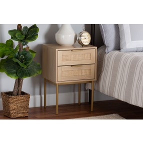 Baxton Studio Dewitt Japandi Light Brown Finished Wood and Gold Metal 2-Drawer End Table - Lifestyle