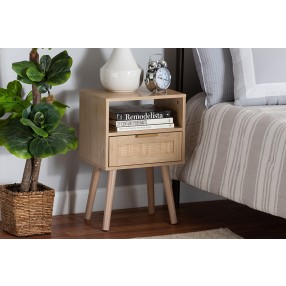 Baxton Studio Emmett Mid-Century Modern Light Brown Finished Wood 1-Drawer End Table - Front Side Angle