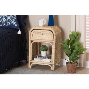 Baxton Studio Magni Modern Bohemian Natural Brown Rattan 1-Drawer Nightstand - Lifestyle