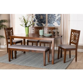 Baxton Studio Olympia Modern Grey Fabric and Walnut Brown Finished Wood 6-Piece Dining Set - Lifestyle