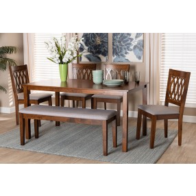 Baxton Studio Florencia Modern Grey Fabric and Walnut Brown Finished Wood 6-Piece Dining Set - Lifestyle