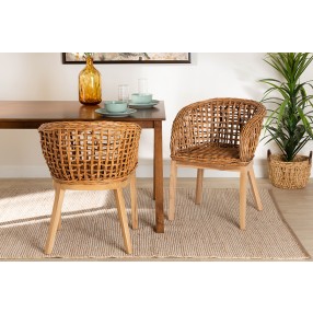 Baxton Studio Mario Modern Bohemian Natural Brown Finished Teak Wood and Rattan 2-Piece Dining Chair Set - Lifestyle