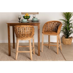 Baxton Studio Mario Modern Bohemian Natural Brown Finished Teak Wood and Rattan 2-Piece Counter Stool Set - Set of Two - Lifestyle