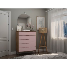 Manhattan Comfort Rockefeller 5-Drawer Tall Dresser with Metal Legs In Pink Front