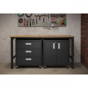 Manhattan Comfort 3-Piece Fortress Mobile Space-Saving Steel Garage Cabinet and Worktable 3.0 in Charcoal Grey