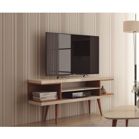Utopia 53.14" TV Stand with Splayed Wooden Legs and 4 Shelves in Off White and Maple Cream