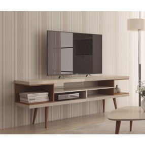 Utopia 70.47" TV Stand with Splayed Wooden Legs and 4 Shelves in Off White and Maple Cream