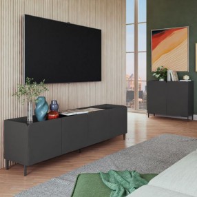 Manhattan Comfort Mid-Century Modern Bogardus 2-Piece TV Stand Living Room Set with Accent Cabinet In Black