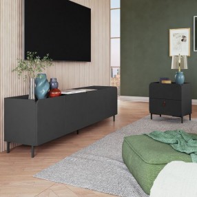 Manhattan Comfort Mid-Century Modern Bogardus 2-Piece TV Stand Living Room Set with Accent Cabinet Black