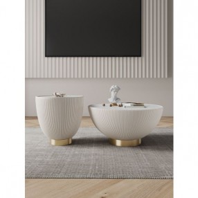 Manhattan Comfort Modern Anderson Coffee Table and End Table 2.0 Upholstered in Cream Leatherette with Ceramic Faux Tabletop - Set of 2