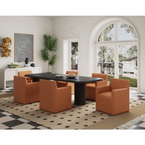 Manhattan Comfort Anna Modern Square Faux Leather Dining Armchair in Saddle Full Set