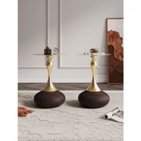 Manhattan Comfort Modern Patchin End Table with Round Metal Base in Brown Wood with Gold Tabletop - Set of 2
