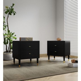Manhattan Comfort Stanton Modern Nightstand with 2 Full Extension Drawers and Solid Wood Legs in Black - Set of 2